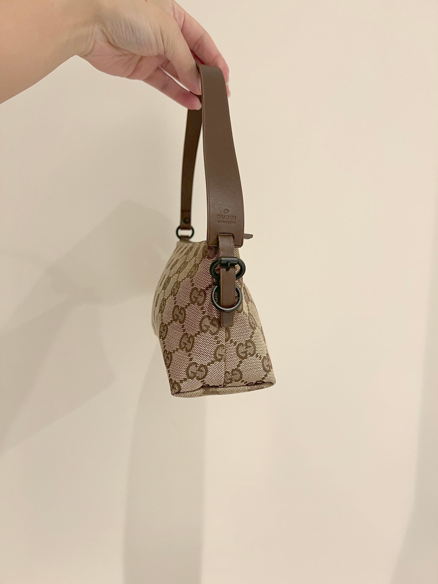 Gucci皮革手柄啡色老花手提肩背側肩袋