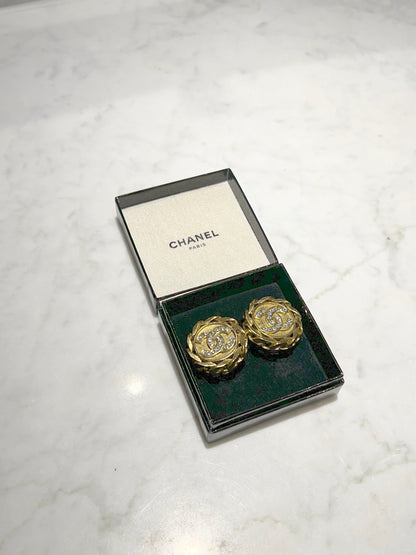 CHANEL clip-on earrings 金色水鑽鏈條耳夾 原裝盒 情人節禮物