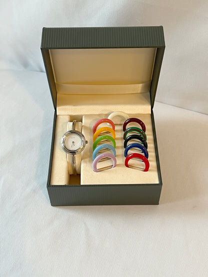 Gucci Bezel watch銀色中古手錶 12色外圈正常運作 盒保證卡書仔