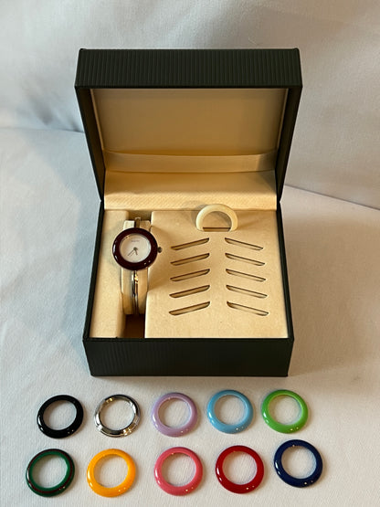 Gucci Bezel watch銀色中古手錶 12色外圈正常運作 盒保證卡書仔