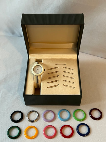 Gucci Bezel watch銀色中古手錶 12色外圈正常運作 盒保證卡書仔