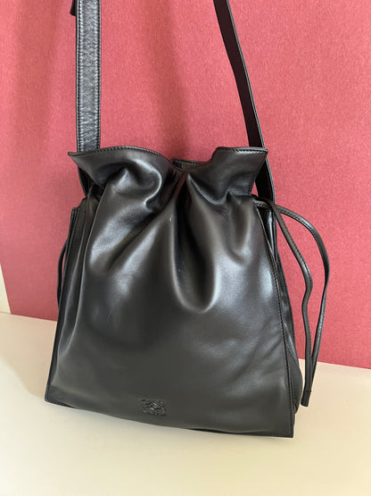 Loewe Flamenco黑色羊皮斜挎單肩束繩袋束口肩背包 日本中古二手