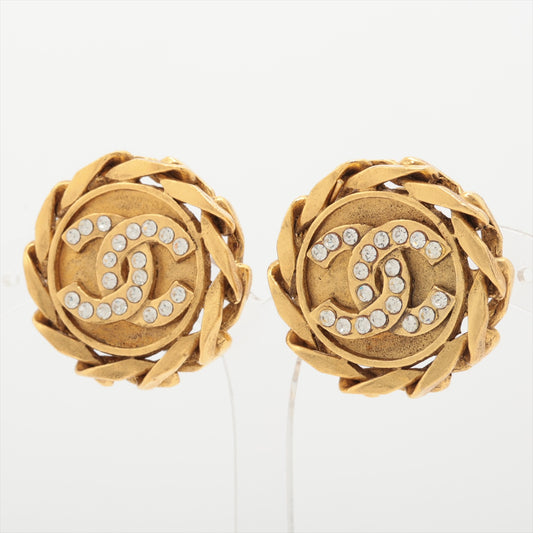 CHANEL CC clip-on earrings 金色鍊條圍圈設計圓形水鑽CC LOGO耳夾夾式耳環 原裝盒 日本中古二手vintage