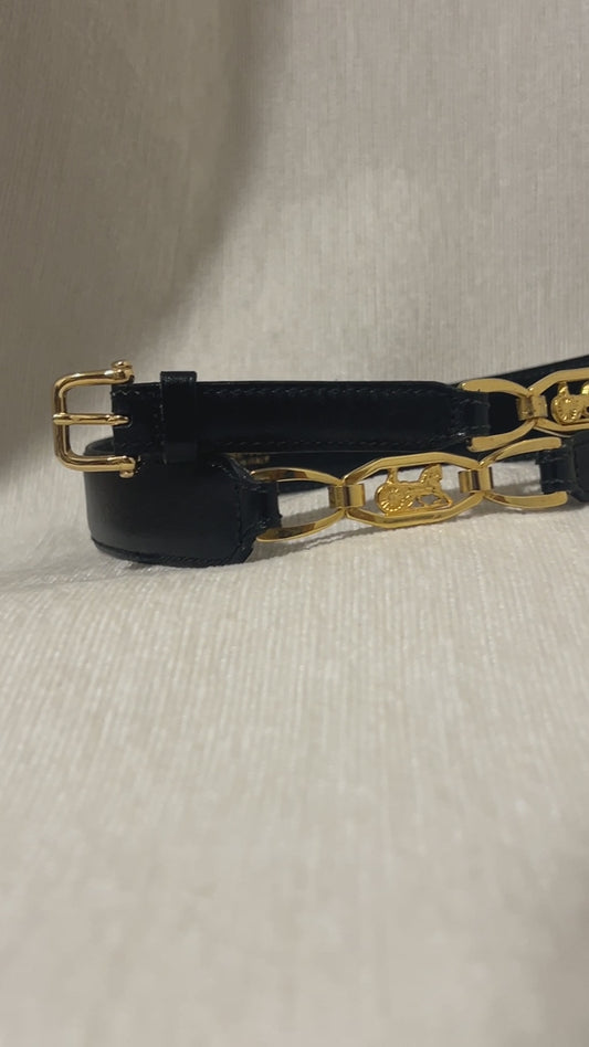 Celine稀有黑色皮帶金色馬車皮帶腰帶 日本中古Vintage