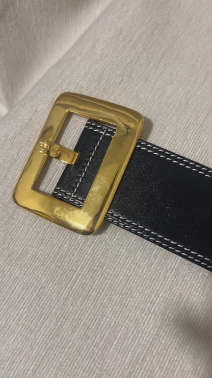 Celine稀有白色車線金球徽章深藍色粗皮帶腰帶 日本中古Vintage